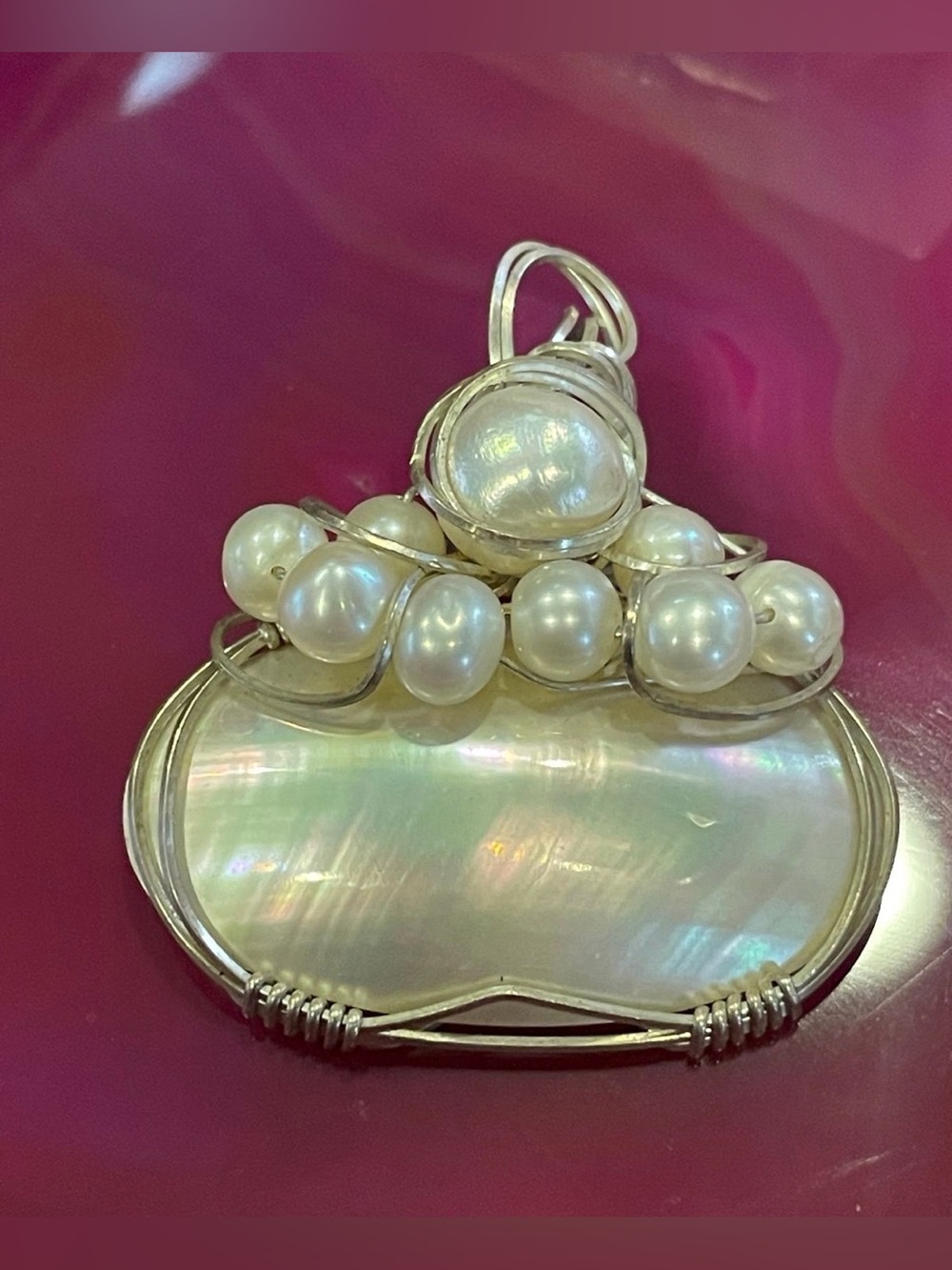 Genuine Pearl Wire Wrapped Mother of Pearl Statement Pendant